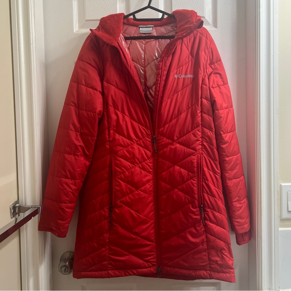Columbia Omni Heat Women Red Quilted Puffer Jacket Mid Length Winter Coat Parka